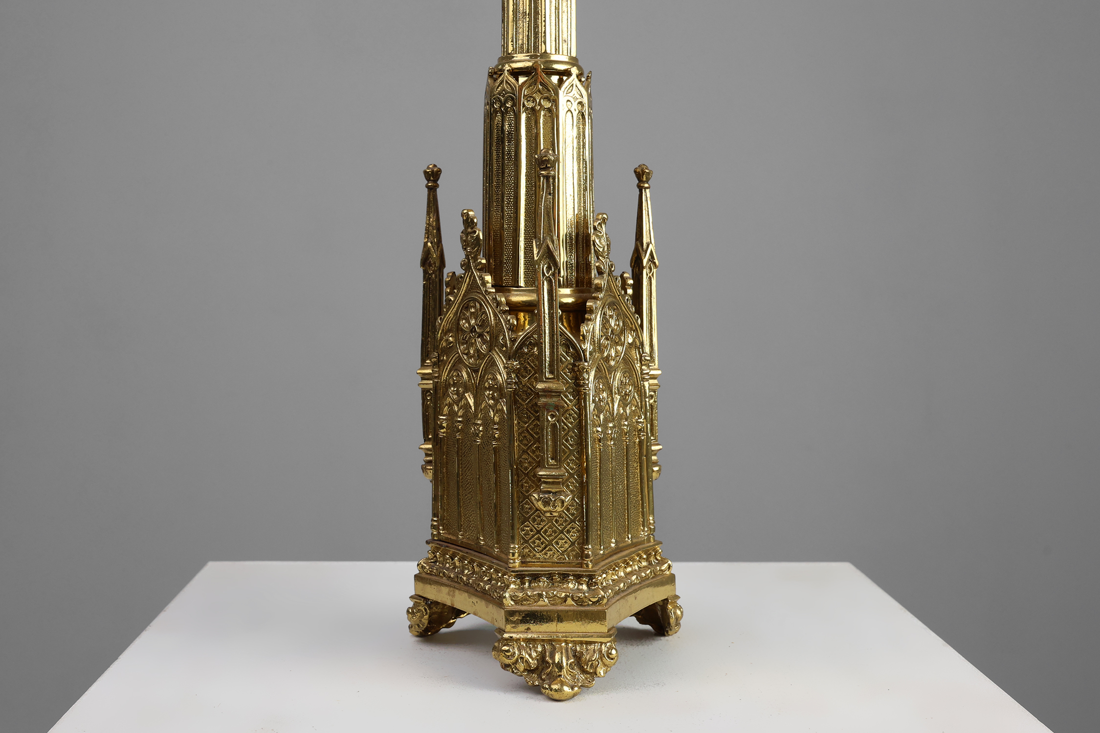 Neo‑Gothic Copper Church Candleholder Stamped &ldquo;LL A Paris&rdquo;, France ca. 1880thumbnail